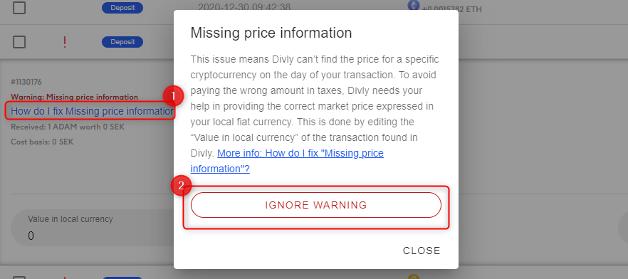 Missing price information warning ignored