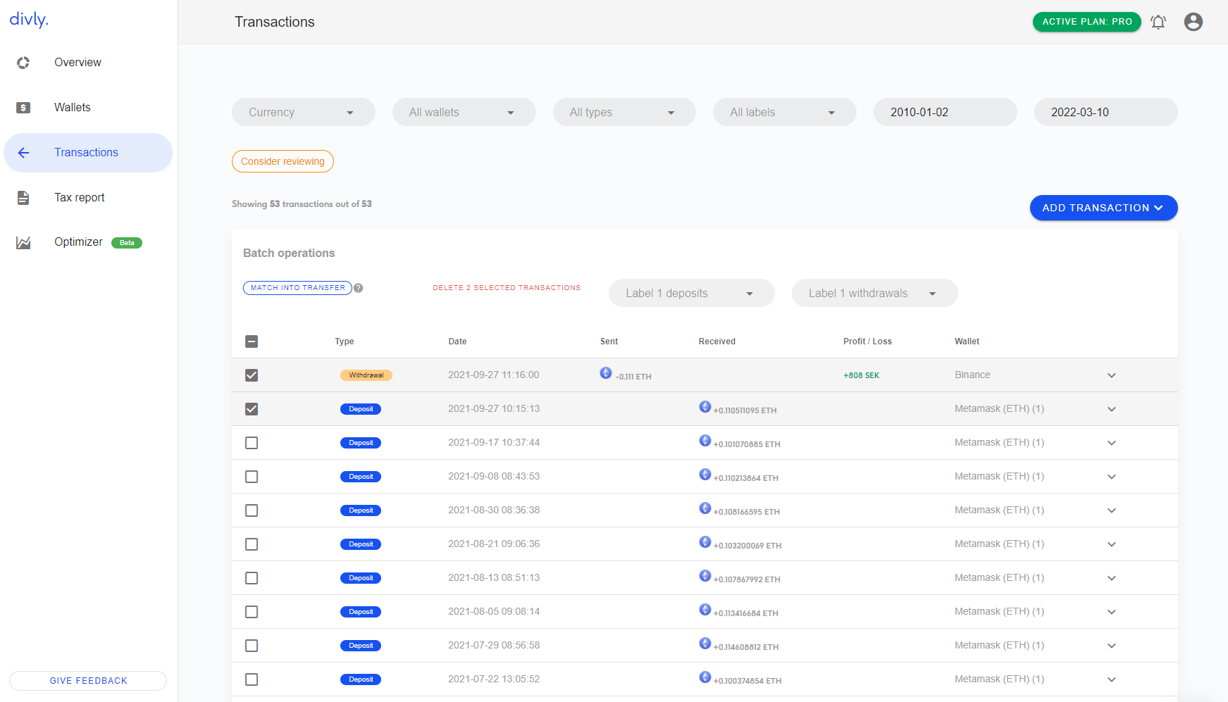 Transactions page