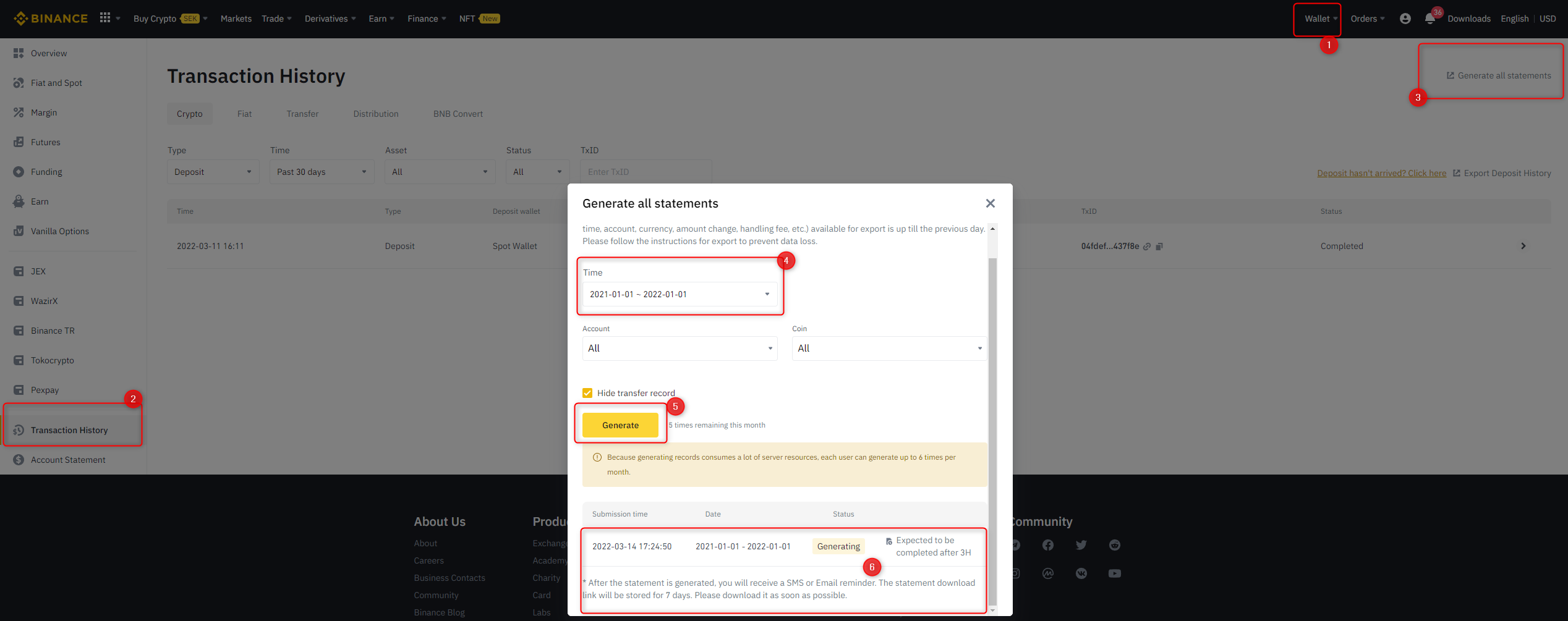 Visual instruction on how to download your Binance transaction history CSV